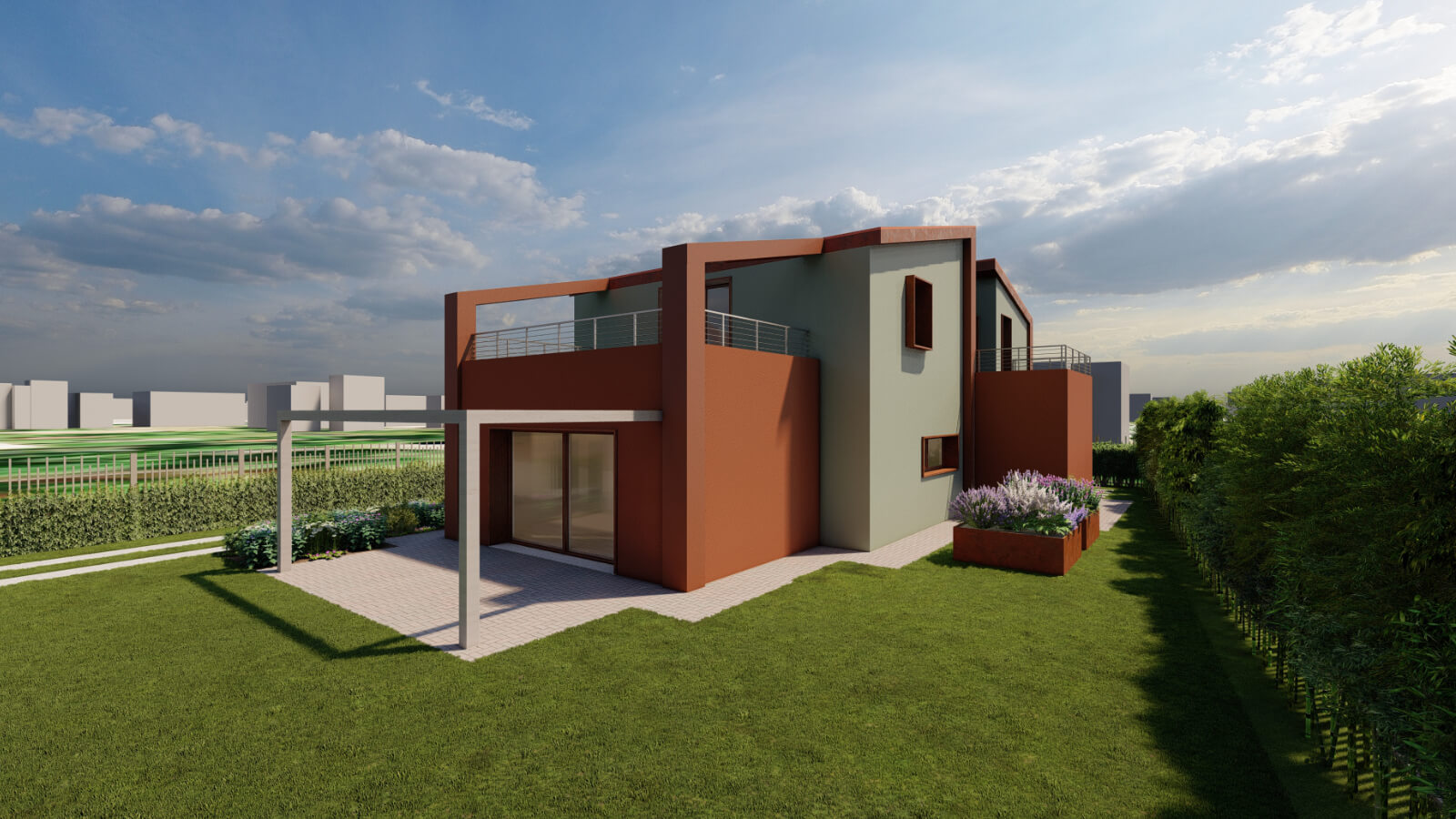 Render di villa contemporanea con giardino, progettazione architettonica e paesaggistica